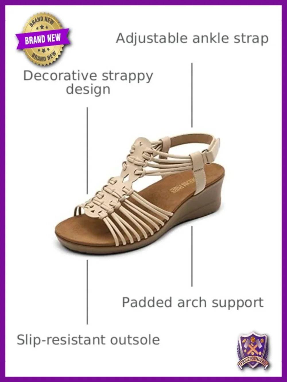 Strappy Low Heel Open Toe Wedge Sandals with Arch Support